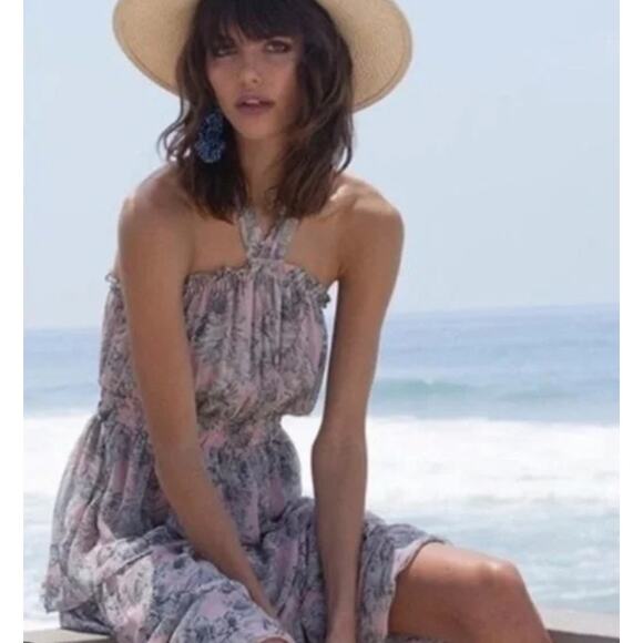 MISA Los Angeles Floral Print Valeria Halter Neck Midi Dress Pink Size Medium - Picture 11 of 12